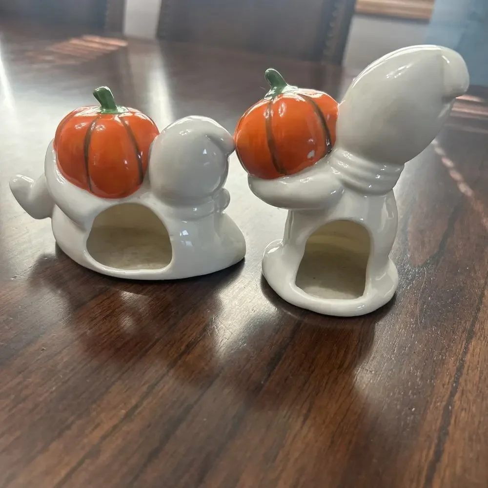 Vintage Halloween Ceramic Ghost Pumpkin Jack O Lantern Tea Light Holders